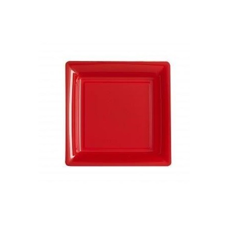 Assiette carrée rouge 18x18 cm en plastique jetable - les 12