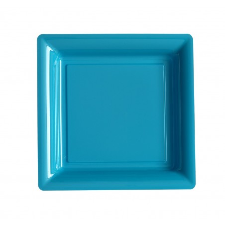 Assiette carrée turquoise 18x18 cm en plastique jetable - les 12