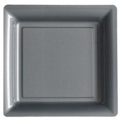 Assiette carrée gris argent 23x23 cm en plastique jetable - les 12