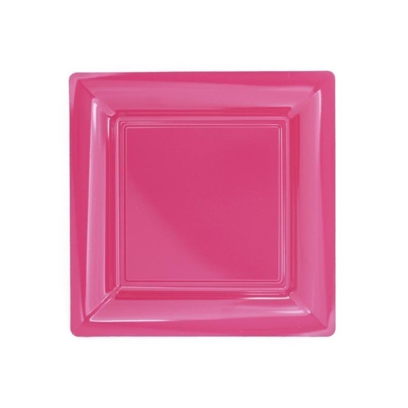 Assiette carrée rose fuchsia 18x18 cm en plastique jetable - les 12