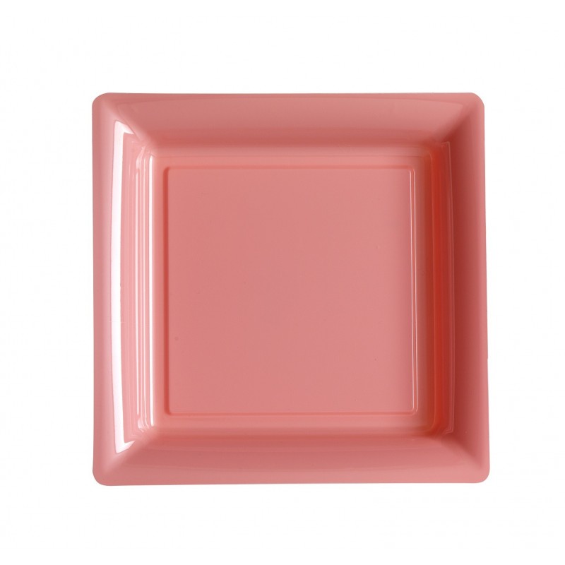 Assiette carrée rose pastel 23x23 cm en plastique jetable - les 12