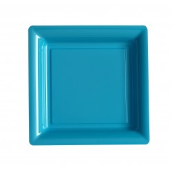 Assiette carrée bleu turquoise 23x23 cm en plastique jetable - les 12