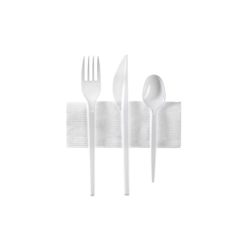 Set of 3 White cutlery + 1 white cocktail towel in individual bag (Fork + Knife + Dessert Spoon - 10