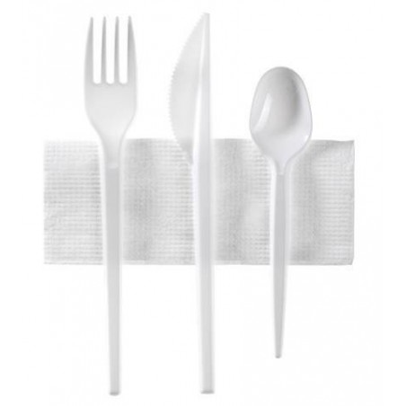 Set di 3 posate bianche + 1 tovagliolo bianco in borsa singola (forchetta + coltello + cucchiaio di dessert - 10