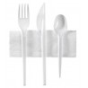 Set of 3 White cutlery + 1 white cocktail towel in individual bag (Fork + Knife + Dessert Spoon - 10
