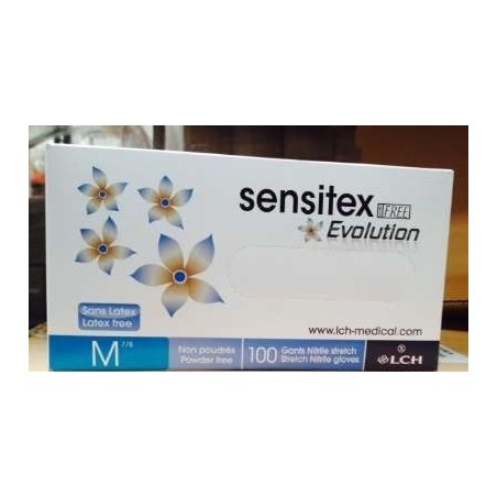 Guantes de nitrilo sin polvo, tamaño L (8/9) Sensitex Evolution desechable, caja dispensadora de 100 guantes
