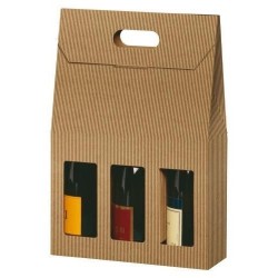 Caja de cartón MALETA KRAFT para 3 botellas con ventana de cualquier tamaño de 9x27x41 cm
