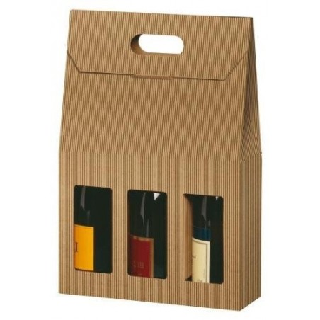 Caja de cartón MALETA KRAFT para 3 botellas con ventana de cualquier tamaño de 9x27x41 cm