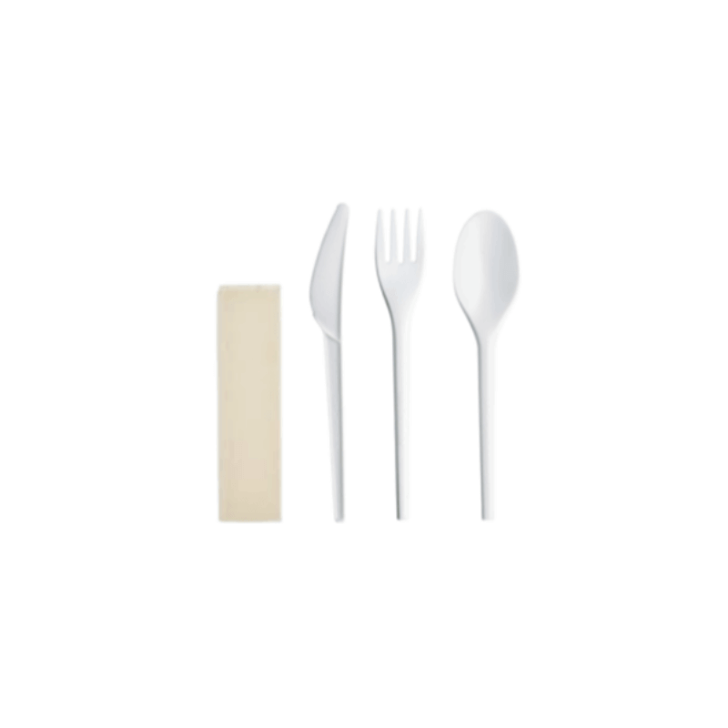 Set of 3 white ORGANIC CPLA cutlery + 1 cocktail napkin in individual bag (Fork + Knife + Dessert Spoon) - 10