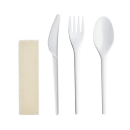 Set of 3 white ORGANIC CPLA cutlery + 1 cocktail napkin in individual bag (Fork + Knife + Dessert Spoon) - 10